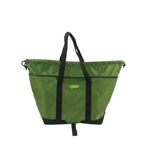 Foldable drawstring insulated folding shopper 210D ripstop zipper grocery bag durable shopping bag reusable tote shopping bag