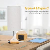 Ampoule LED incluse USB Type A Type C 3 voies variable ronde Base de Grain de bois lin tissu ombre chambre à coucher lampe de table de nuit tactile