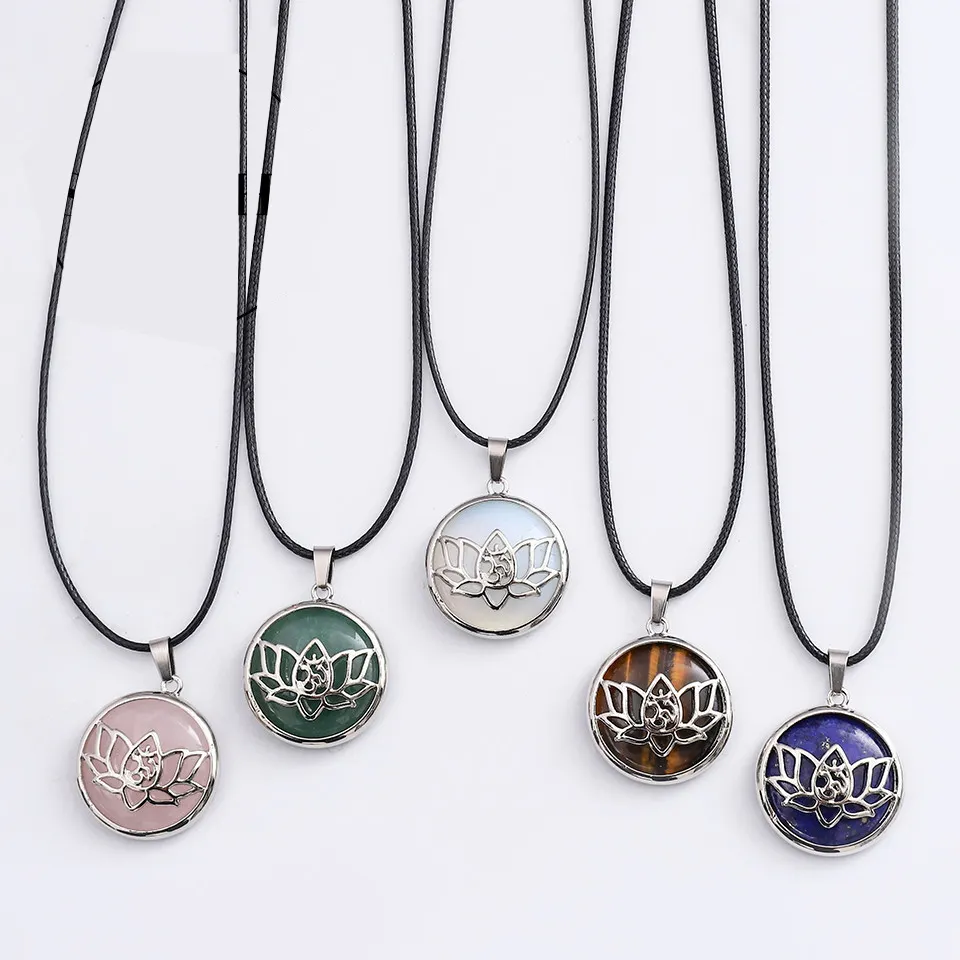 25MM Kalung Buddhism Silver Plated Hollow Out Green Aventurine Lapis Round Lotus Flower Pendant Necklace