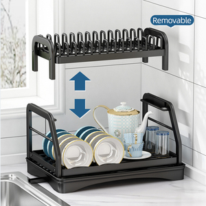 Scolapiatti a 2 livelli compatto con porta posate e vassoio raccogligocce rimovibile per cucina - Product Image 3