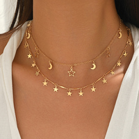 Juego de 2 Collares de Cadena de Aleación con Diseño de Conchas, Borlas, Estrellas, Luna y Corazón de Doble Capa, Joyería de Moda para el Verano