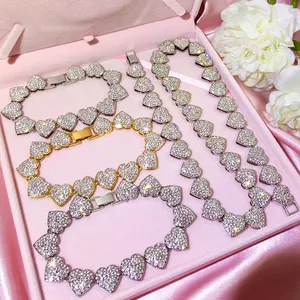 Hip Hop Đồ Trang Sức Đặt Iced out Kim Cương Trái Tim Tennis Chuỗi Vòng Đeo Tay Choker Bling Sang Trọng Pha Lê Trái Tim Liên Kết Chuỗi Vòng Cổ Cho Phụ Nữ