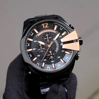 Moda 51mm Büyük Kadran Kronograf Kuvars Kol Saati Siyah Çelik Kayış 10Bar Su Geçirmez Gül Altın Vurgulu Spor Erkek Saati