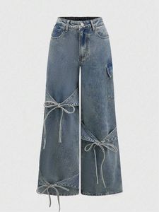 Jean cargo en denim délavé taille haute pour <span class=keywords><strong>femme</strong></span>, style Y2K, coupe large droite, avec nœud, streetwear vintage uni - Product Image 1