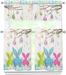 Rideaux de cuisine de Pâques, ensemble de 3 pièces, motif lapin printanier, avec cantonnière et rideaux courts pour fenêtre de cuisine ou de café au-dessus de l'évier - Product Image 2