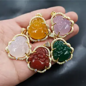 Pedra Natural Jade Maitreya Buda Pingente 925 Prata Banhado A Ouro Jóias Presentes Para Homens Mulheres Amuleto Chinês Maitreya Jóias