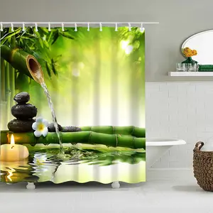 Tirai mandi poliester tema taman Zen, batu pijat meditasi bambu hijau, tirai mandi tahan air
