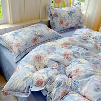 Parure de lit florale 4 pièces en polyester doux et respirant, motif imprimé durable, taille Queen, pour chambre à coucher (vente en gros)