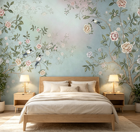 Wallpaper Sutra Motif Bunga dan Burung Warna Biru Muda Vintage, Mural Dinding Dekoratif Modern Mewah untuk Ruang Tamu dan Kamar Tidur