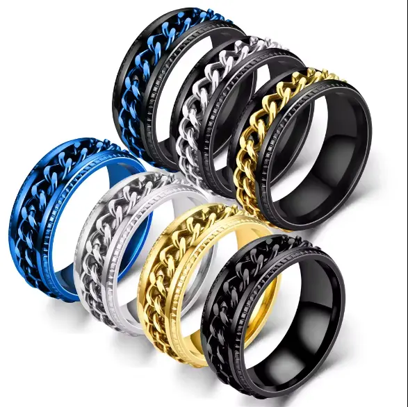 Moda Spinner cadena anillos fiesta titanio acero cadena mujeres hombres giratorio Acero inoxidable anillos joyería tamaño 6-13