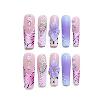 Betifnail – Lot de 10 faux ongles longs roses à motif floral pour l'été, carrés, à presser, en gel souple pour doigts, marque privée