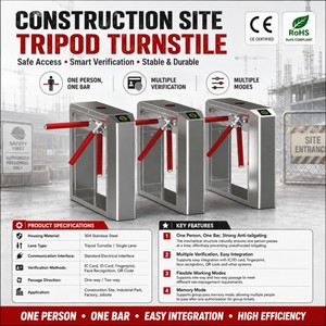 KMS ESD Portillon de contrôle d'accès trépied IP65 avec moteur servo bidirectionnel, testeur de bracelet et de chaussure, électronique à verrouillage en cas de panne - Product Image 1