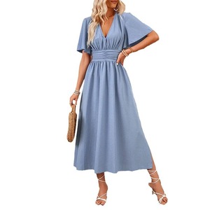 <span class=keywords><strong>Abbigliamento</strong></span> Femminile, Gonne con Maniche a Volant, Vestito con Spacco e Vita Elastica, Tinta Unita, Lungo, Estivo, <span class=keywords><strong>Giovanile</strong></span> - Product Image 5