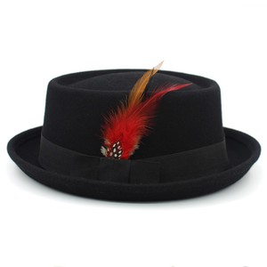 Chapeau Fedora Porkpie en feutre <span class=keywords><strong>de</strong></span> laine 100% australienne pour homme, style Trilby Pork <span class=keywords><strong>Pie</strong></span>, noir, neuf, avec <span class=keywords><strong>plume</strong></span>. - Product Image 2