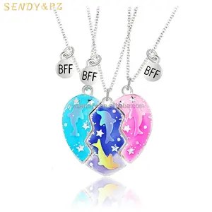 Hot Sale Best Friend Kids Dolphin Necklaces Magnet Suction Blue Pink Girls Jewels 3 pcs Heart Shape Necklace
