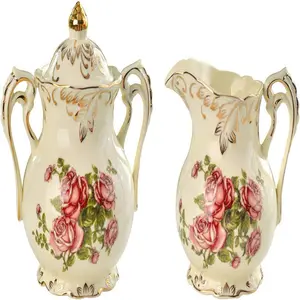 Retro Porseleinen Suiker En Creamer Set Exquisit Bloemen En Bladeren Gloden Rand Keramische Creamer Pitcher Suikerpot Met Deksel