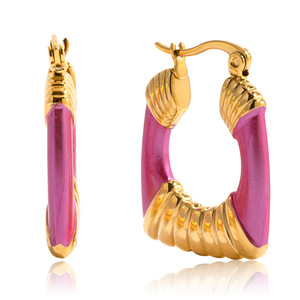 Boucles d'oreilles créoles en acier inoxydable, revêtement rose, design géométrique en forme de U, bijoux tendance - Product Image 5