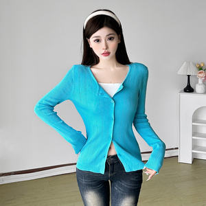 Cárdigan de Punto Ajustado Estilo Dulce para Mujer, Color Sólido, Manga Larga, Botones en la Parte Delantera, Cuello Redondo Elástico - Product Image 1