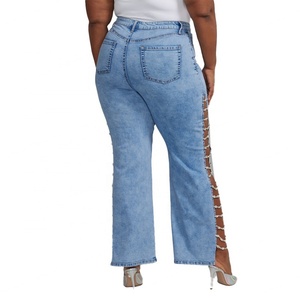 กางเกงยีนส์ทรงสกินนี่ขากว้างดีไซน์ใหม่สำหรับสาวพลัสไซส์ คุณแม่สุดเซ็กซี่ พร้อมดีเทลโซ่ด้านข้าง - Product Image 4