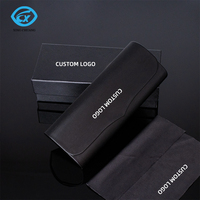 Étui à lunettes en cuir PU noir avec logo personnalisé, boîte rigide pour lunettes avec coffret cadeau extérieur, chiffon de nettoyage en microfibre et carte personnalisée