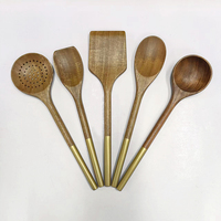 Ensemble d'ustensiles de cuisine en bois d'acacia antiadhésif avec manche doré, cuillères de cuisine, spatule, accessoires de cuisine