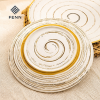 Ensemble d'assiettes à dîner en céramique FENN à motif spirale peint à la main, vaisselle rustique en grès avec bord doré, vente en gros directe d'usine
