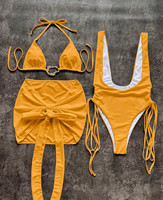 Maillot de bain 3 pièces Fate Wear avec découpes et jupe portefeuille, OEM, cordon de serrage, jaune, pour femme adulte, vacances à la plage, Traje De Bano