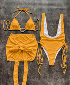 Traje de Baño de 3 Piezas con Falda Cruzada <span class=keywords><strong>y</strong></span> Cordones Ajustables, Color Amarillo, para Mujer Adulta, Ideal para Vacaciones en la Playa - Product Image 2