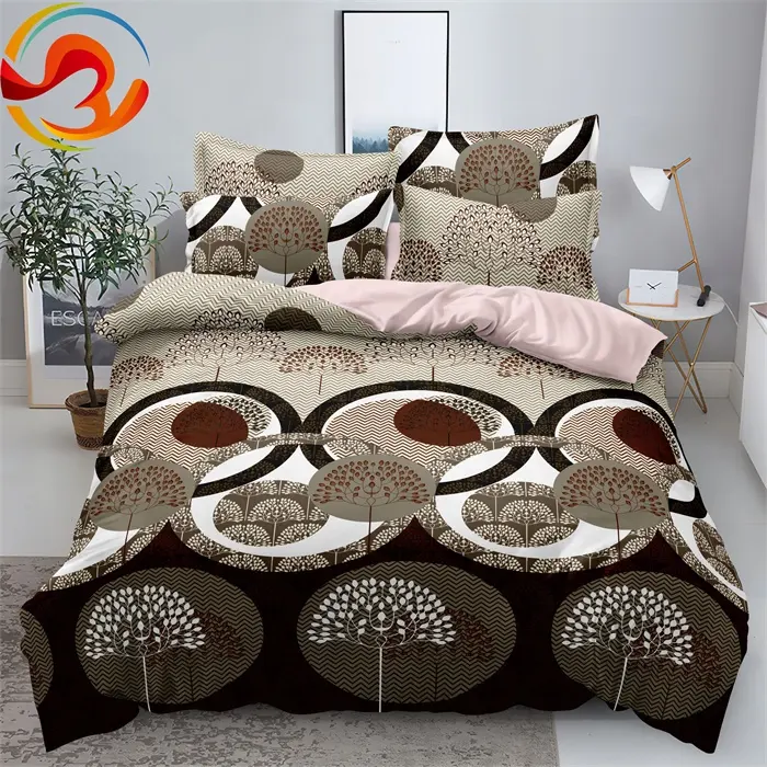 Pure polyester printed twill weaving 4-piece bedding set fitted sheet with polyester printed cover couple bed set