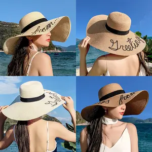 Toptan yaz düz renk güneş şapkası büyük ağızlı hasır şapka kadın INS tarzı plaj ayarlanabilir güneş şapkası UV koruma