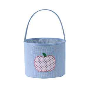 Secchiello di Halloween Personalizzato con Applicazione di Zucca, in Tela a Quadretti Blu e Rosa, Cestino Riutilizzabile per Dolcetti e Regali per Feste di Halloween - Product Image 6