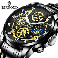 BINBOND jam tangan Quartz pria 4010, jam tangan kasual Skeleton, arloji modis bahan baja tahan karat asli tali baja tahan air dengan tampilan tanggal untuk pria