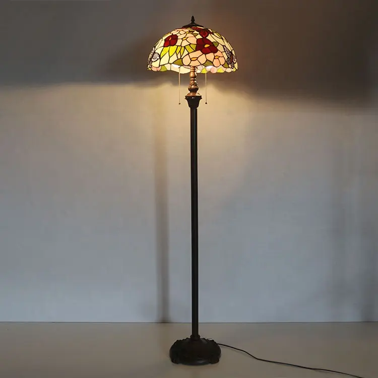 Longhuijing 16Inch Vlinder Bloem Gebrandschilderd Glas Lampenkappen Tiffany Vloerlampen Hars Basis Staande Lichten