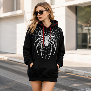 Sudadera con Capucha Estampada de Araña, 410GSM, Algodón Pesado, Capucha con Costuras Rojas, Sudadera Oversize Estilo Urbano, Sudadera Pesada - Product Image 2
