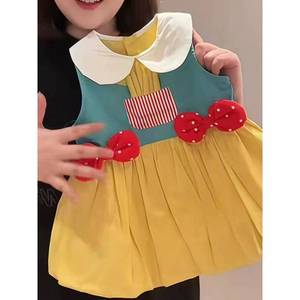 Girls Sleeveless Dress With Peter Pan Collar And Bowknots Yellow Blue Red Polka Dot Design For Summer Wear - Product Image 1