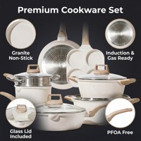 Juego de Utensilios de Cocina Antiadherentes de Granito de 12-21 Piezas con Aleación de Aluminio y Tapas de Vidrio, Compatible con Inducción y Gas para Cocinar en Casa