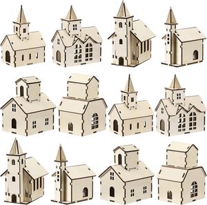 Juegos de Pueblo Navideño para Hacer uno Mismo con <span class=keywords><strong>Iglesia</strong></span> Rústica - Rompecabezas de Cabaña de Madera en 3D y Kit de Pintura y Ensamblaje para Decoración de Fiestas de Invierno - Product Image 1