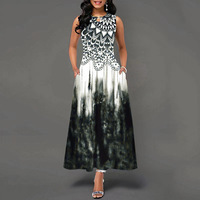 Robe longue élégante sans manches pour femme, imprimé floral numérique tissé, col rond, coupe trapèze, pour mariage, fête, vacances - Collection Été 2026