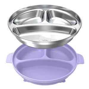 Assiette en silicone et acier inoxydable, ronde compartimentée en acier inoxydable 304, vaisselle pour enfants, vaisselle à ventouse pour bébé - Product Image 3