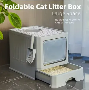 완전 동봉 된 초대형 내구성 플라스틱 고양이 쓰레기통 국자와 접이식 고양이 화장실