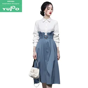 Droma 2024 blau weiß kontrast laterne Ärmel hohe taille abnehmen kleider schöne damen einfache mode shirt kleid für damen