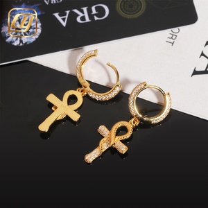 Boucles d'oreilles pendantes Ankh Serpent Croix en Argent 925 et Moissanite, entièrement pavées de pierres, style Huggie Hoop, pour Hommes et Femmes, Bijoux Hip Hop Bling - Product Image 2