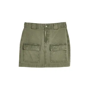 Saia de denim vintage lavada feminina, mini saia de cintura alta verde do exército personalizada 100% algodão