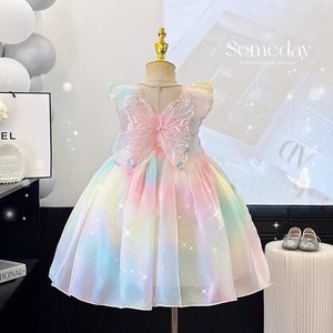 Vestido de Princesa con Tirantes de Ganchillo para Niñas, Vestido de Verano con Alas de Mariposa Arcoíris para Niños, Vestido de Actuación de Manga Corta - Product Image 5