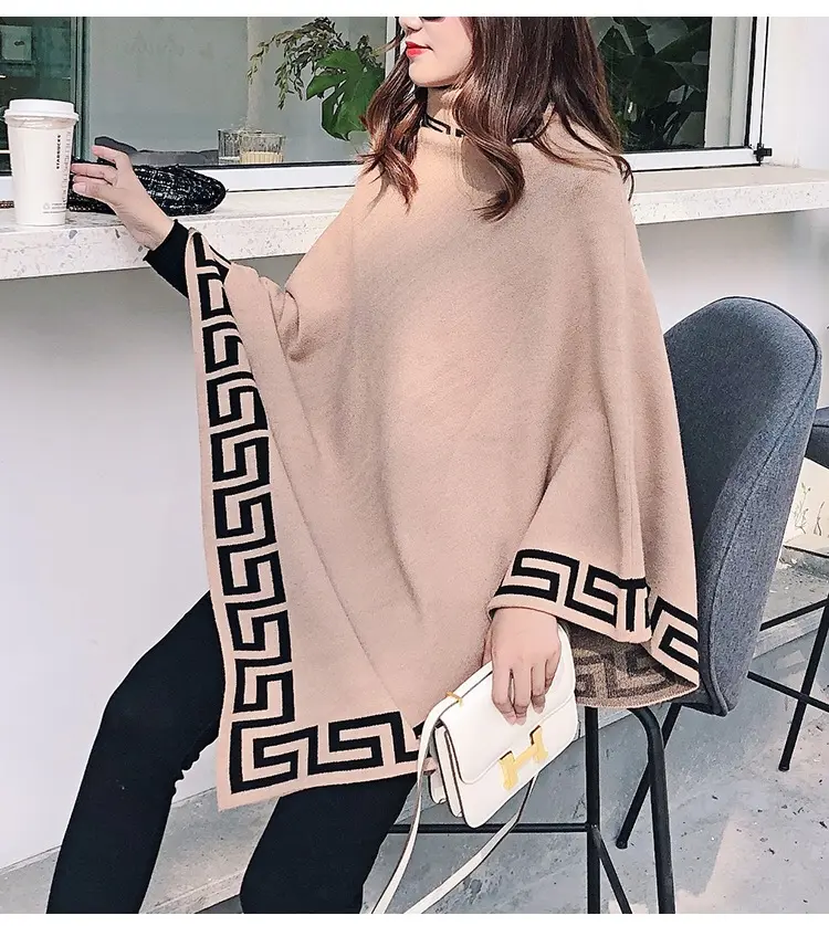 Fashion winter spring trendy woolen sweater pullover roll neck collar knit shawl capes for ladies