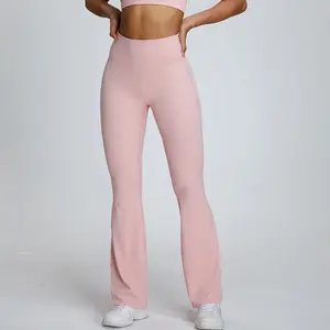 带喇叭口宽腿运动高腰女式低最小起订量裤浅粉色瑜伽喇叭裤