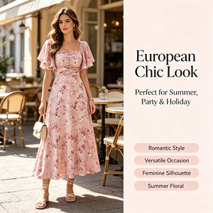 Robe longue maxi à col carré et manches volantées pour femme, taille froncée, coupe trapèze, en mousseline florale, idéale pour invitées de mariage, soirées et fêtes - Product Image 4