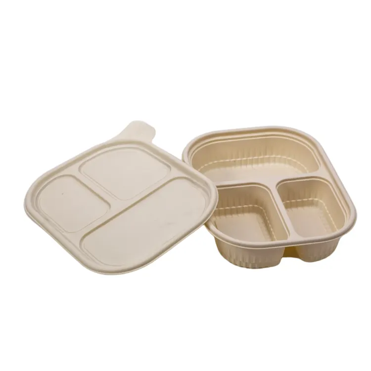 Saludable Biodegradable Desechable 3 Compartimentos Contenedor de plástico para llevar Almuerzo Caja de comida con tapa Caja de plástico de embalaje