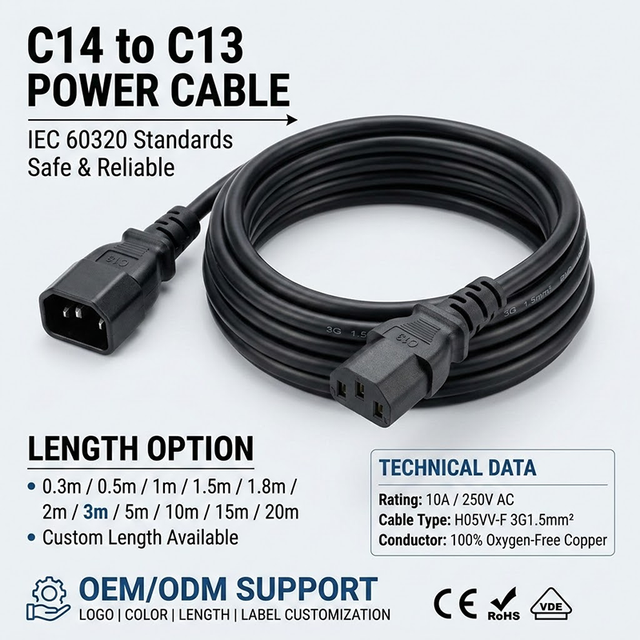 IEC 320 C14 to C13 Power Extension Cord 10A/15A PDU Power Cable Computer Monitor Extension Lead for Data Center Server