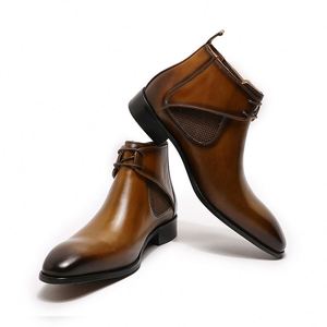 Designer Genuine Leather Square Toe Ankle <b>Boots</b>-Waterproof Lace-Up Formal Men's Shoes with Height Increasing for Autumn/Winter - Product Image 2